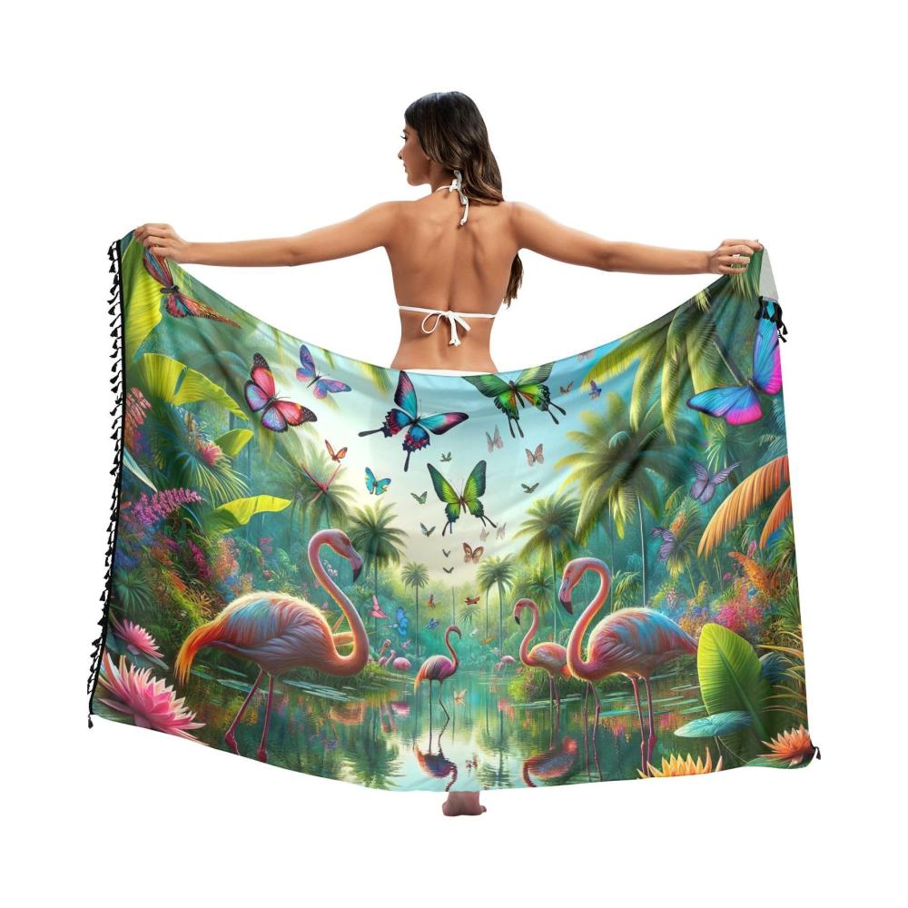 Tropische Pflanzen und Flamingos