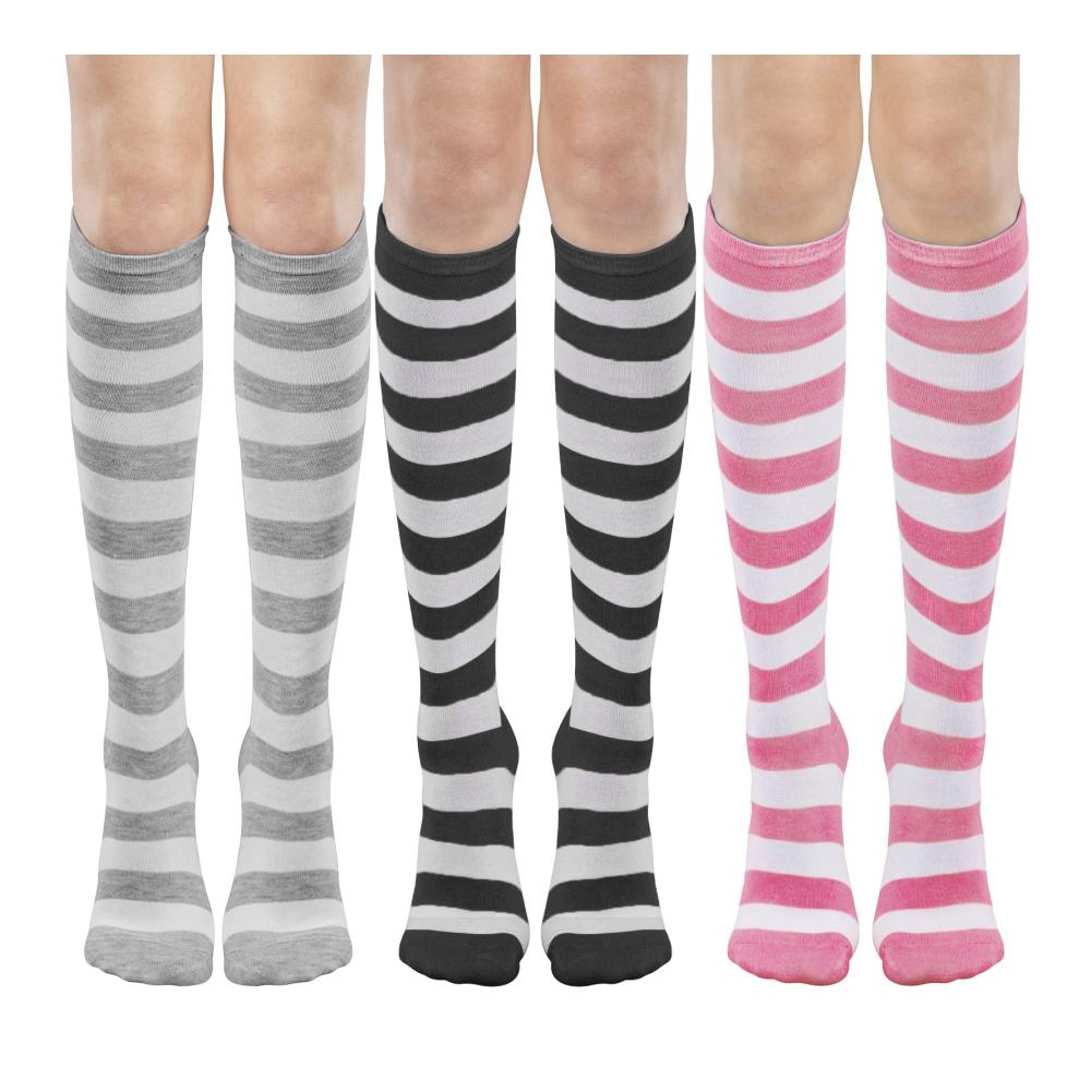 3 Pairs Knee High L: Light Grey, Pink, Black